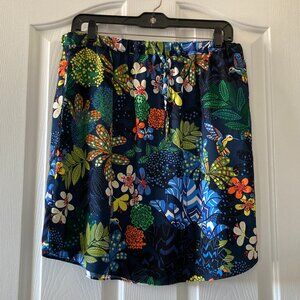 LOFT Drawstring Skirt Navy Blue Multicolor Floral Hummingbird Print Size M